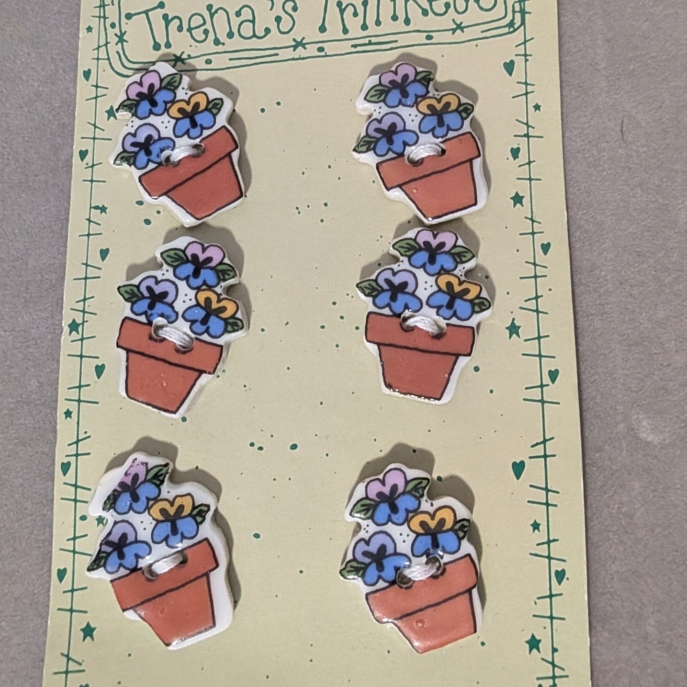 6 Trena's Trinkets 1" Potted Pansy Flower Ceramic 2-Hole Buttons